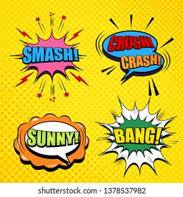 Comic pages collection with Smash Crush Crash Sunny Bang wordings colorful speech bubbles dotted sound lightnings halftone effects on yellow background. Vector illustration