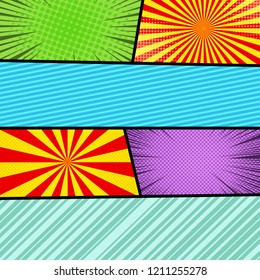 Comic pages colorful composition with radial stripes rays and halftone humor effects. Vector illustration