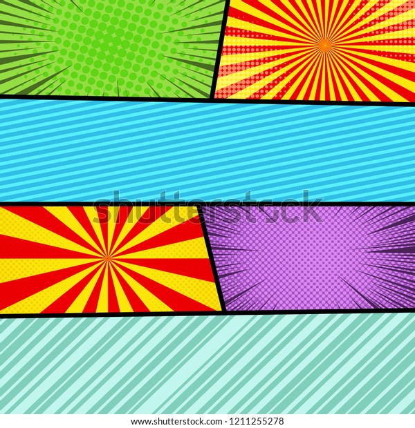 Comic pages colorful\
composition with radial stripes rays and halftone humor effects.\
Vector illustration