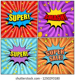 Comic pages colorful set with bright speech bubbles clouds colorful wordings radial stars rays halftone dotted effects. Vector illustration