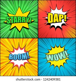 Comic pages colorful templates with speech bubbles Starry Dap Wow Boom wordings radial rays halftone effects. Vector illustration