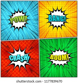 Comic pages elegant collection with colorful Pow Bang Crash Boom wordings slanted lines grid rays and halftone effects. Vector illustration