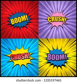Páginas de quadrinhos explosivo e coleção de estouro com bolhas de fala coloridas brilhantes palavras radial meio-tom e raios efeitos de humor. Ilustração vetorial