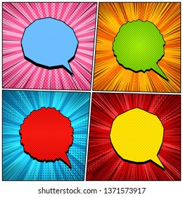 Comic pages light composition with colorful speech bubbles halftone radial dotted rays humor effects. Vector illustration