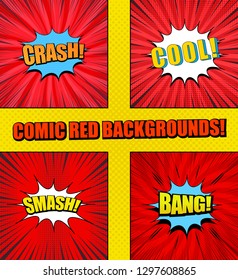 Comic pages red set with white blue and white bubbles Crash Cool Smash Bang wordings halftone radial and rays effects. Vector illustration