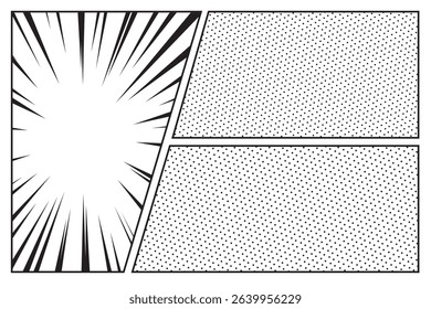Comic panels with action effect template, frame retro manga black and white