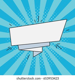 Comic paper banner for text. Retro empty speech bubble, cartoon label. Illustration in pop art retro style at sunburst background with dot halftone effect. Vector. 