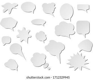 Comic Paper Cut Speech Bubble Set With Realistic Shadows. Empty Text Box Cloud. 3D Effect Comics Message Balloon Template. Stock Vector Illustration On White Isolated Background.