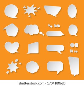 Comic paper cut speech bubble set. Empty text box cloud. Abstract icon different shape blank doodle bubbles. 3D effect comics message balloon template Isolated on orange background vector illustration