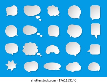 Comic paper cut speech bubble set. Empty text box cloud. Abstract icon different shapes blank doodle bubbles. 3D effect comics message balloon template. Isolated on blue background vector illustration