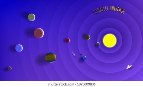 Universo cómico paralelo. Р lanets, cohetes y un barco alienígena con resplandor y sombras. Fondo púrpura con formas redondeadas y malla. EPS10