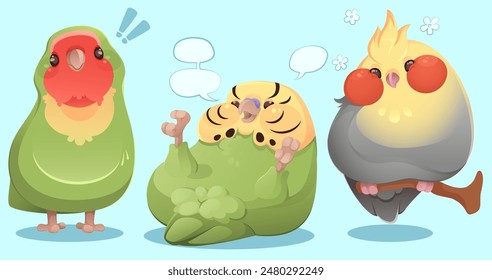Comic parrot birds set isolated on blue background. Vector cartoon illustration of exotic feathered mascot standing, lying with speech bubbles, sitting on tree branch, tropical design elements