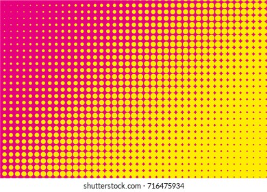  Comic pattern. Halftone background.Pink and yellow color. Dotted retro backdrop, panels with dots, points, circles, rounds. Design element for web banners, posters, cards, wallpaper, sites. 