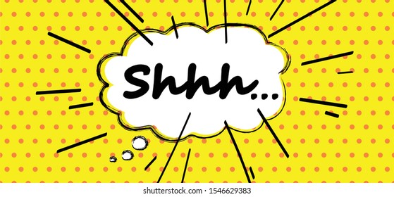 Comic peech bubble cloud. Mute, please be quiet, silent or silence  or hand finger over lips for no talking sign or psssst, shhh quote or not sound doodle. vector icon or symbol