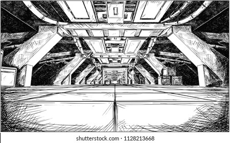 Comic pen and ink cartoon concept art drawing of dark abstract sci fi futuristic space ship or station interior corridor or hallway design.