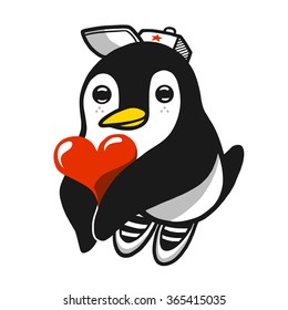 Carácter de pingüino cómico sosteniendo el corazón en sus manos. Ilustración vectorial.