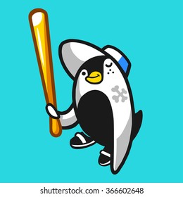 Comic penguin hooligan character holding a baseball bat. Vector illustration.