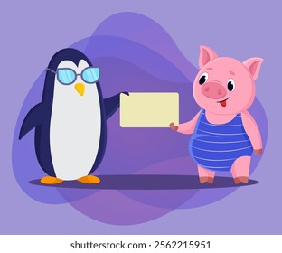 Comic penguin and pig holding blank banner vector illustration. Black and white bird and domestic animal cartoon characters with empty sign. Announcement, information, advertising concept