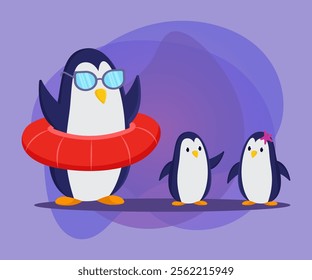 Comic penguin with sunglasses and lifebuoy vector illustration. Adult penguin cartoon character with kids on purple background. Wildlife, summer, family vacation concept