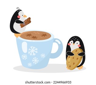 Comic penguins with big cup of hot drink vector illustration. Cartoon drawing of little bird characters holding cinnamon sticks and cookie on white background. Beverage, coffee shop, winter concept