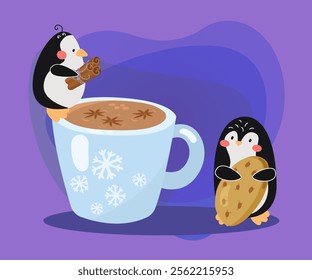 Comic penguins with big cup of hot drink vector illustration. Cartoon drawing of little bird characters holding cinnamon sticks and cookie on abstract background. Beverage, coffee shop, winter concept