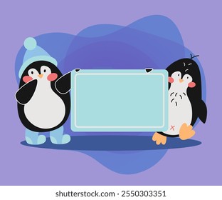 Pingüinos cómicos sosteniendo una Ilustración vectorial de Anuncio azul vacía. Dibujo de dibujos animados de lindos personajes de pájaros con anuncio sobre fondo blanco. Información, comercialización, publicidad, concepto de animales