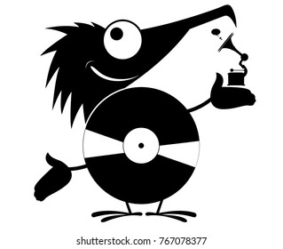 Comic person is listening music on vinyl. Comic person with long-playing record body holds a small vintage record player in the hand 
