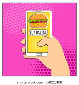 Comic phone with halftone shadows and Hamburger. Hand holding smartphone with buy online internet shopping. Fast food background. Pop art retro style. Flat design. Vector illustration eps 10