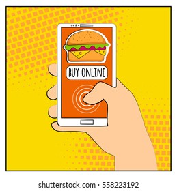 Comic phone with halftone shadows and Hamburger. Hand holding smartphone with buy online internet shopping. Fast food background. Pop art retro style. Flat design. Vector illustration eps 10