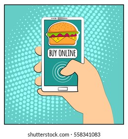 Comic phone with halftone shadows and Hamburger. Hand holding smartphone with buy online internet shopping. Fast food background. Pop art retro style. Flat design. Vector illustration eps 10