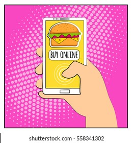 Comic phone with halftone shadows and Hamburger. Hand holding smartphone with buy online internet shopping. Fast food background. Pop art retro style. Flat design. Vector illustration eps 10