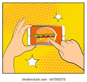 Comic phone with halftone shadows and Hamburger. Hand holding smartphone with buy online internet shopping. Fast food background. Pop art retro style. Flat design. Vector illustration eps 10.