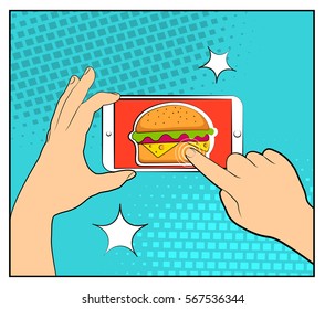 Comic phone with halftone shadows and Hamburger. Hand holding smartphone with buy online internet shopping. Fast food background. Pop art retro style. Flat design. Vector illustration eps 10.