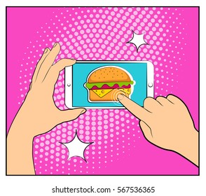Comic phone with halftone shadows and Hamburger. Hand holding smartphone with buy online internet shopping. Fast food background. Pop art retro style. Flat design. Vector illustration eps 10.