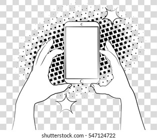 Comic phone with halftone shadows. Hand holding smartphone. Vector illustration eps 10 isolated on background
