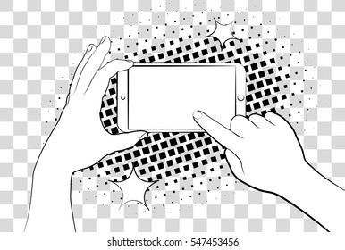 Comic phone with halftone shadows. Hand holding smartphone. Vector illustration eps 10 isolated on background