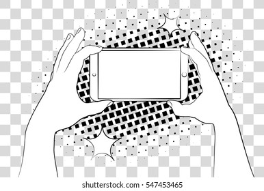 Comic phone with halftone shadows. Hand holding smartphone. Vector illustration eps 10 isolated on background