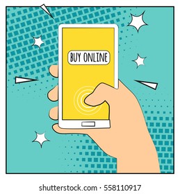 Comic phone with halftone shadows. Hand holding smartphone with buy online internet shopping. Pop art retro style. Flat design. Vector illustration eps 10
