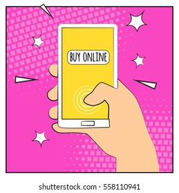 Comic phone with halftone shadows. Hand holding smartphone with buy online internet shopping. Pop art retro style. Flat design. Vector illustration eps 10