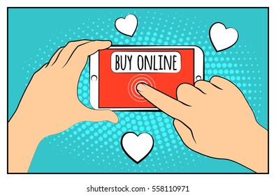 Comic phone with halftone shadows. Hand holding smartphone with buy online internet shopping. Pop art retro style. Flat design. Vector illustration eps 10