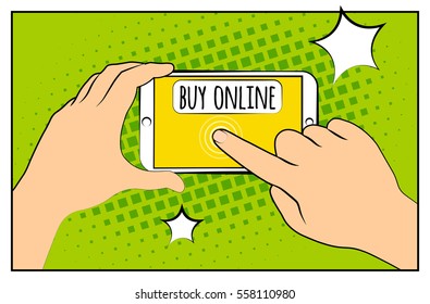 Comic phone with halftone shadows. Hand holding smartphone with buy online internet shopping. Pop art retro style. Flat design. Vector illustration eps 10