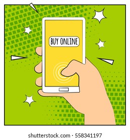 Comic phone with halftone shadows. Hand holding smartphone with buy online internet shopping. Pop art retro style. Flat design. Vector illustration eps 10