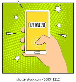 Comic phone with halftone shadows. Hand holding smartphone with buy online internet shopping. Pop art retro style. Flat design. Vector illustration eps 10