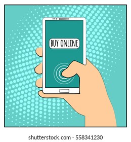 Comic phone with halftone shadows. Hand holding smartphone with buy online internet shopping. Pop art retro style. Flat design. Vector illustration eps 10