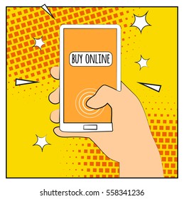 Comic phone with halftone shadows. Hand holding smartphone with buy online internet shopping. Pop art retro style. Flat design. Vector illustration eps 10