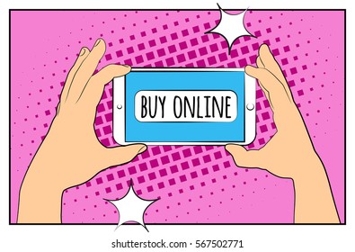 Comic phone with halftone shadows. Hand holding smartphone with buy online internet shopping. Pop art retro style. Flat design. Vector illustration eps 10.