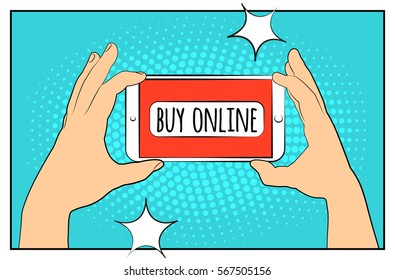 Comic phone with halftone shadows. Hand holding smartphone with buy online internet shopping. Pop art retro style. Flat design. Vector illustration eps 10.