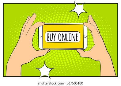 Comic phone with halftone shadows. Hand holding smartphone with buy online internet shopping. Pop art retro style. Flat design. Vector illustration eps 10.