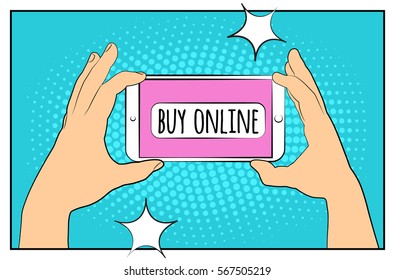 Comic phone with halftone shadows. Hand holding smartphone with buy online internet shopping. Pop art retro style. Flat design. Vector illustration eps 10.