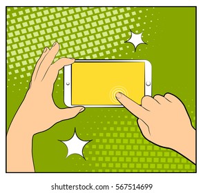 Comic phone with halftone shadows. Hand holding smartphone. Pop art retro style. Flat design. Vector illustration eps 10.